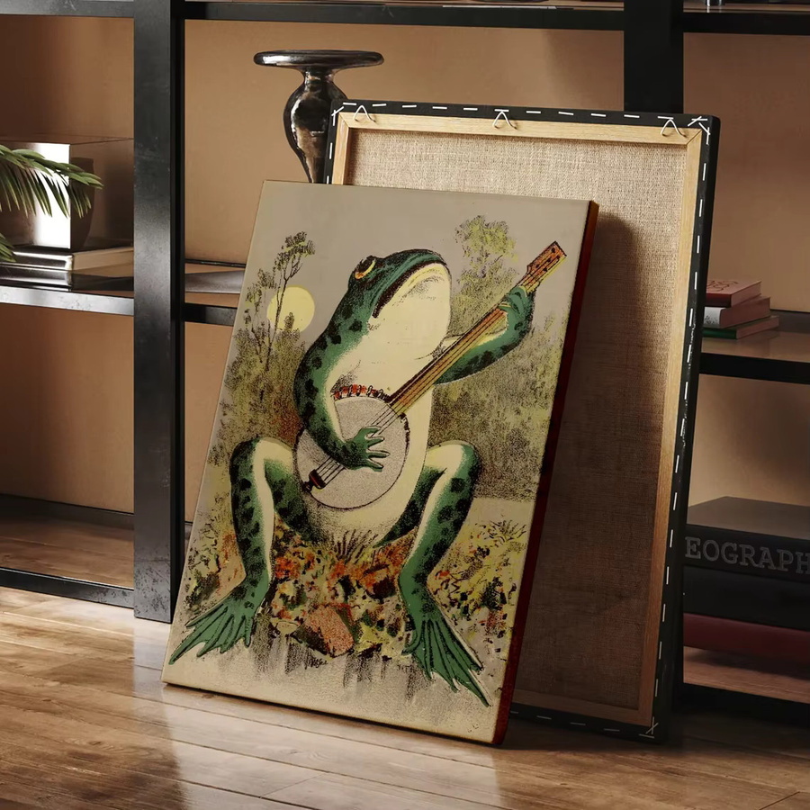 Vintage Wandkunst SHENCHEN Frosch spielt Banjo im Mondlicht als antike Illustration in Mehrfarben - Bild 2