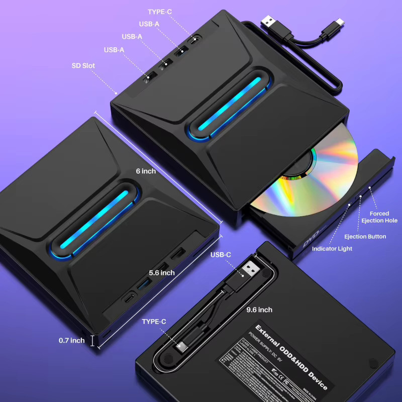 Externes 5-in-1 Blu-ray Laufwerk mit USB 3.0 Type-C Anschluss, BD/DVD/CD Brenner und SD/TF Kartenleser in Schwarz - Bild 2