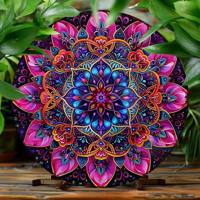 Potdemiel Rundes Aluminiumschild Bunte Mandala-Blume in Vintage-Optik, Durchmesser: 20,3 cm - Bild 1
