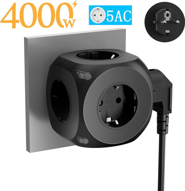 5-in-1 Multitap Steckdosenleiste zur Wandmontage mit 5 EU-Steckdosen in Schwarz, 4000 W - Bild 1