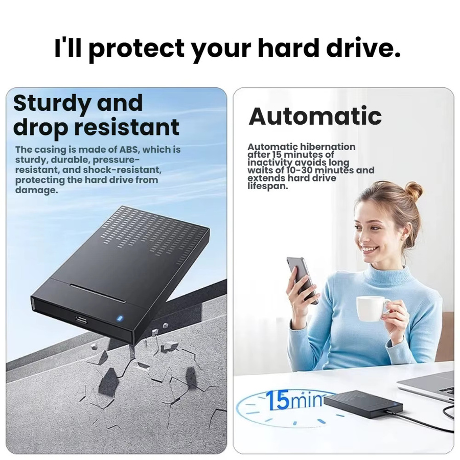 TISHRIC Externes Festplattengehäuse für 2,5 Zoll SATA SSD und HDD, USB-C zu USB 3.0, Schwarz - Bild 5