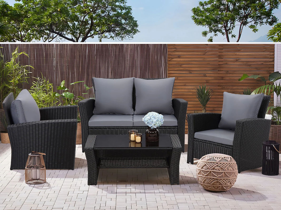MeXo 4-teiliges Gartenmöbel Lounge Set aus Polyrattan mit Polstern in Schwarz und Grau - Bild 2
