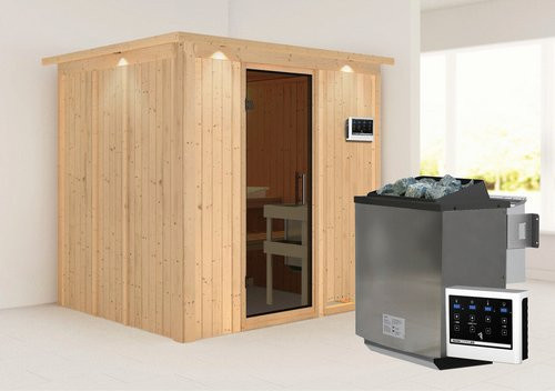 Karibu Sauna Rakvere aus Fichtenholz in Beige für 3 Personen inklusive 9 kW Bio-Kombi-Saunaofen mit externer Steuerung B/T/H: 210 x 184 x 202 cm - Bild 1