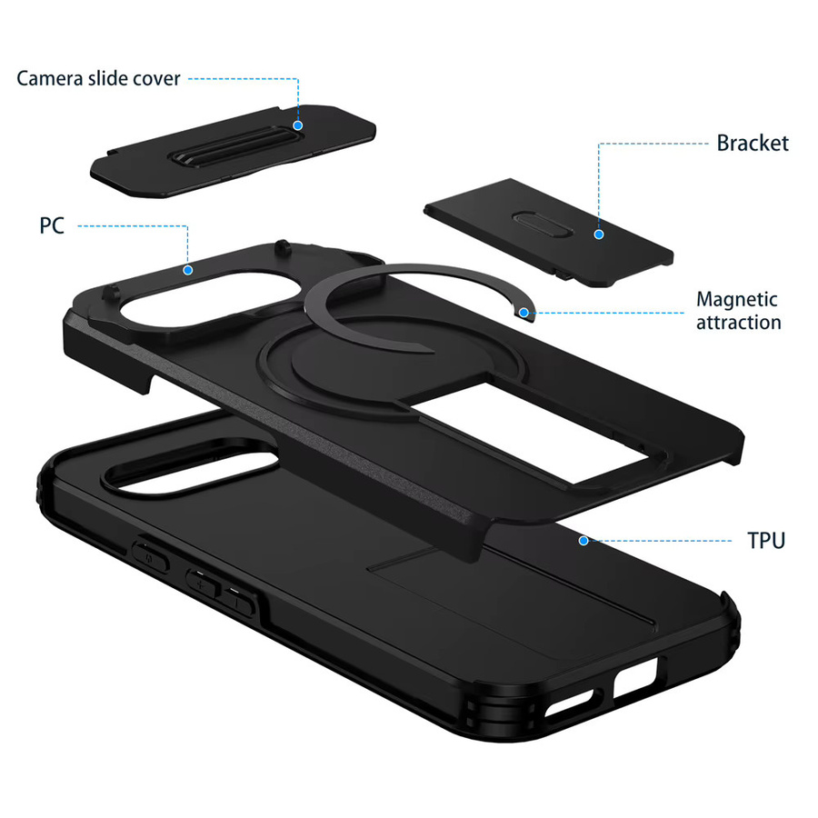 Magnetische MagSafe-Schutzhülle für Google Pixel 10 9 8 Pro XL 8A 9A 10A mit Schiebe-Kameraschutz und klappbarem Ständer in Schwarz und Lila - Bild 6