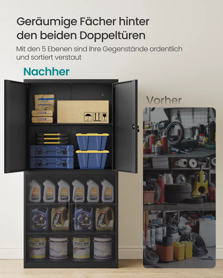 SONGMICS Aktenschrank als Mehrzweckschrank in Grau mit 4 Türen, 5 Ebenen und Schlössern, B: 80 cm, T: 40 cm, H: 180 cm - Bild 3