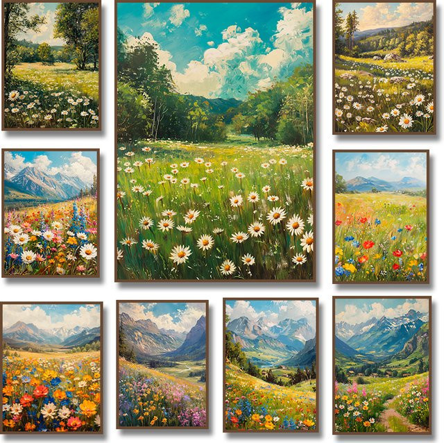 Potdemiel Leinwandgemälde Wildblumenfeld mit Gänseblümchen in Mehrfarbig für deine Wanddekoration - Bild 1