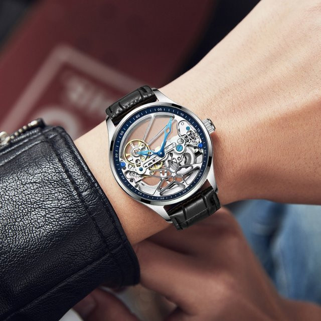 LUOLINGONGJUE Armbanduhr, Automatik, Edelstahl, Leder, Schwarz, Herren - Bild 1