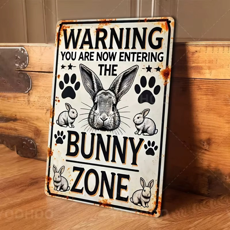 Vintage Bunny Zone Metall-Wanddekorschild mit Kaninchen und Pfotenabdrücken aus Aluminium für Ostern und Frühling - Bild 3