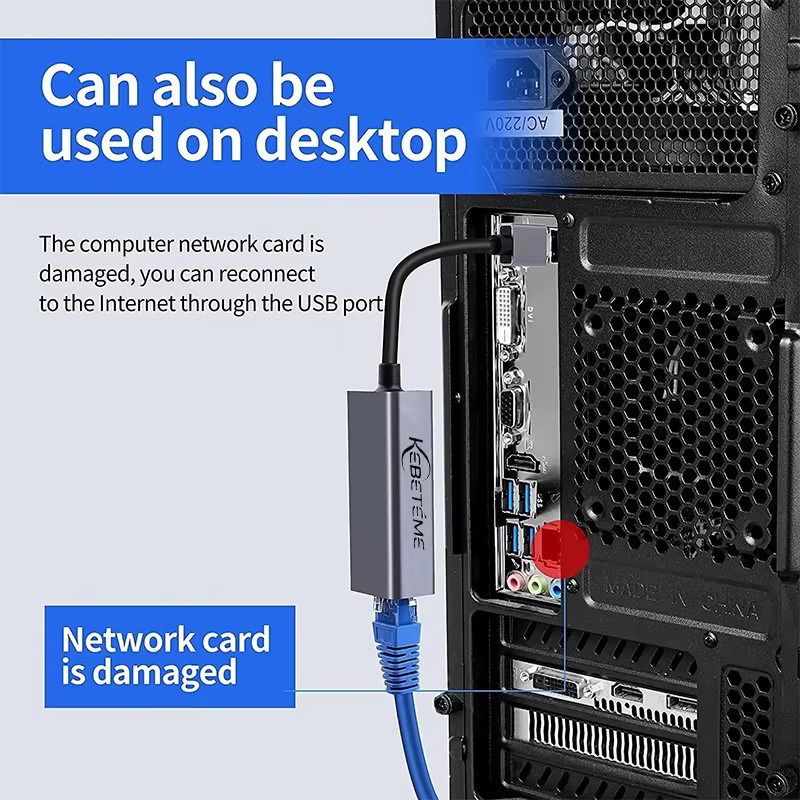 Kebidu USB-C auf RJ45 Ethernet-Adapter, USB 3.0 LAN-Netzwerkkarte für PC, MacBook und Windows Laptop, Grau, 10/100/1000 Mbit/s - Bild 2