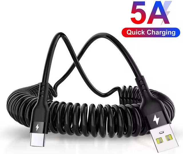 Auto USB Typ C 66W und Lightning PD Schnellladekabel als Feder-Teleskopkabel für Tablets und Smart-Geräte in Schwarz oder Weiß - Bild 1
