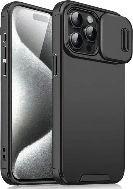 Stoßfeste YULIN Handyhülle mit Schieb-Kameraobjektivschutz für iPhone 11 bis 16 Pro Max, Farbe: Schwarz - Bild 1