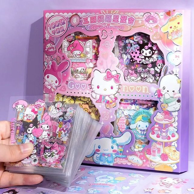 100 Stück Sanrio Kawaii Aufkleber Set, bunte wasserfeste PET-Sticker für Kinder und Mädchen zum DIY Scrapbooking und Journaling - Bild 1