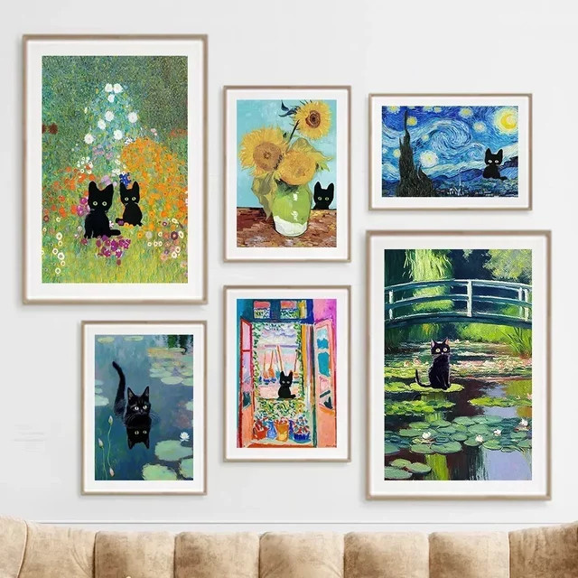 Abstrakte Leinwandmalerei von Potdemiel mit schwarzer Katze, Sonnenblumen und Pfingstrosen in Mehrfarbig als moderne Wandkunst zur Raumdekoration - Bild 1