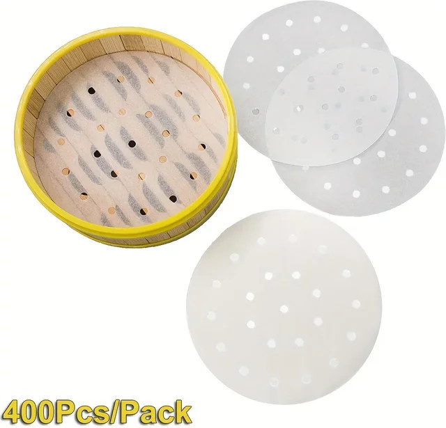 DAWNHOPE 400 Stück runde Bambus Dampfer Pads, perforierte Antihaft-Dampfmatten aus Holz Zellstoff, weiß - Bild 1
