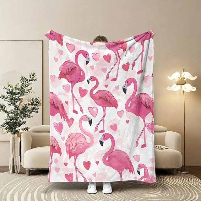 JMG Household Supplies Kuschelige Fleece Decke mit Flamingo- und Herzmuster in Pink, B/B: 100 x 130 cm - Bild 1