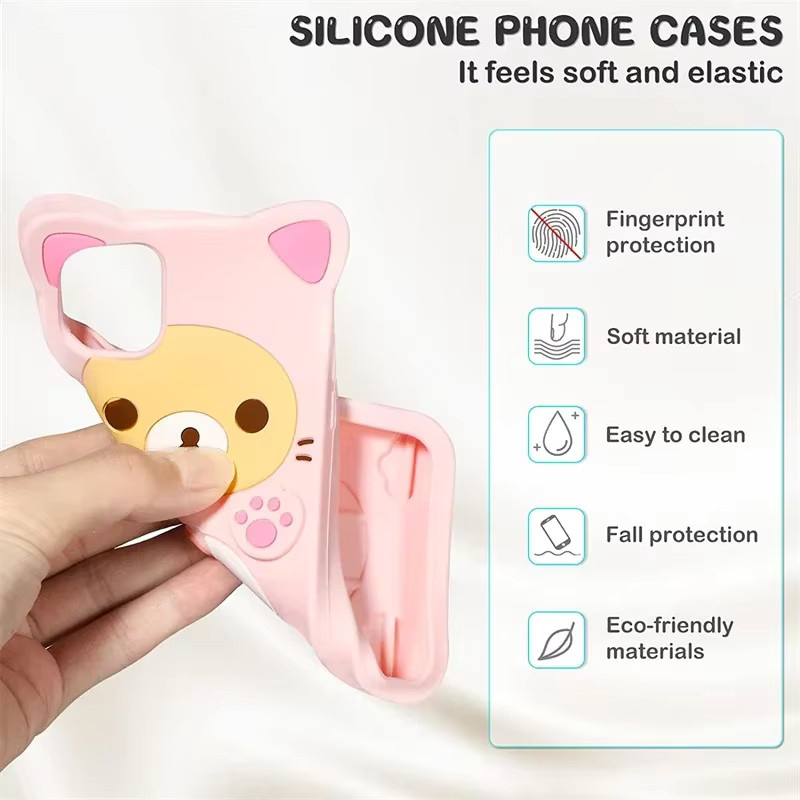 NMEGOU Silikonhülle mit 3D Cartoon Bär für iPhone 17 16 15 14 13 12 11 Pro Max Plus Mini in Pink - Bild 2