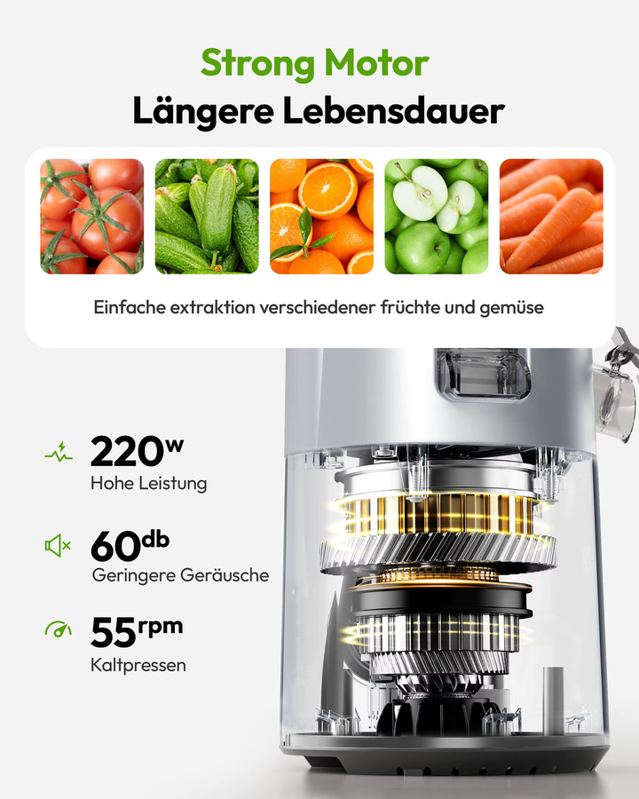 EUHOMY Kaltpressentsafter Slow Juicer mit Dreifachfiltersystem und 135mm Einfüllschacht, 220W, Schwarz, 0,7l für Obst und Gemüse - Bild 3