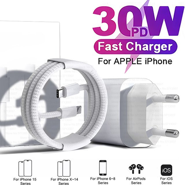 Apple 30W USB-C PD Schnellladegerät mit USB-C Kabel in Weiß für iPhone 16 15 14 13 12 11 Pro Max Plus - Bild 1