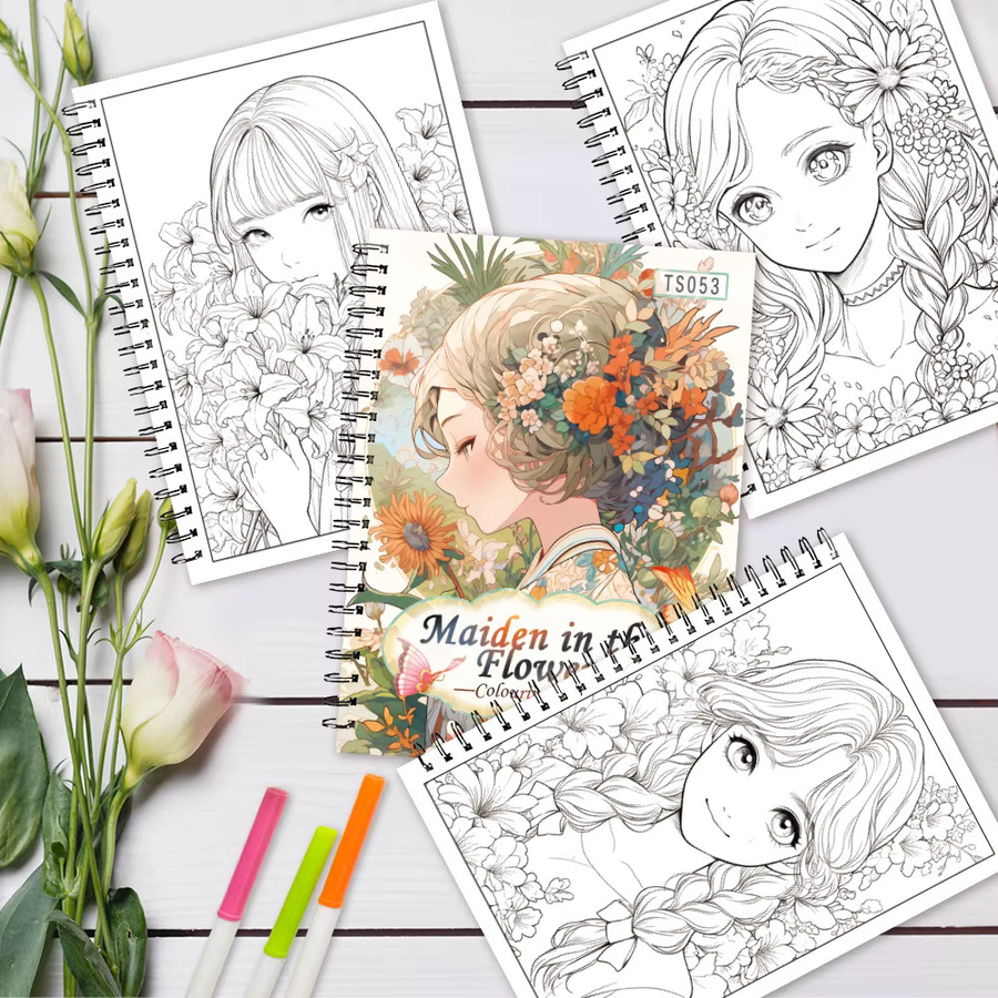 3-teiliges Freizeit-Malbuch-Set für Erwachsene mit Cartoon-Blumen, Desserts und Mädchen-Mustern, 30 Seiten, spiralgebunden, mehrfarbig - Bild 2