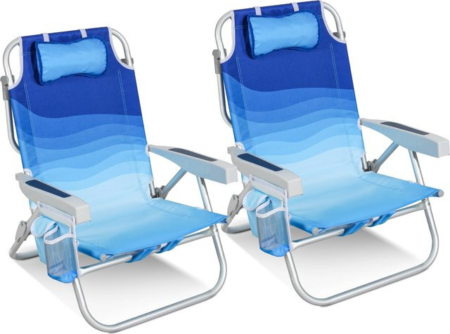 HOMECALL Strandstuhl Set 2 Stück, Farbe Blaue Welle, 5-fach verstellbare Rückenlehne, Aluminiumrahmen mit isolierter Kühltasche und Aufbewahrungstasche, Belastbarkeit bis 136 kg - Bild 1