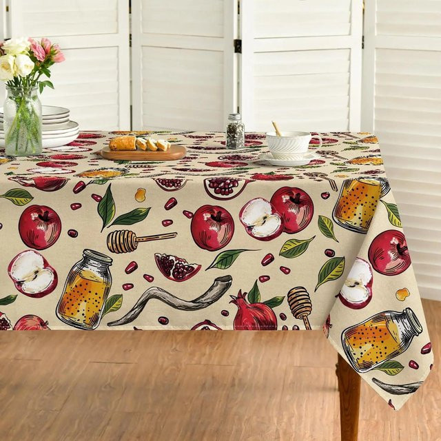 Wasserdichte Tischdecke für Rosch Haschana von JMG Household Supplies, Design mit Apfel, Granatapfel und Honig, Mehrfarbig, B/T: 140 x 240 cm - Bild 1