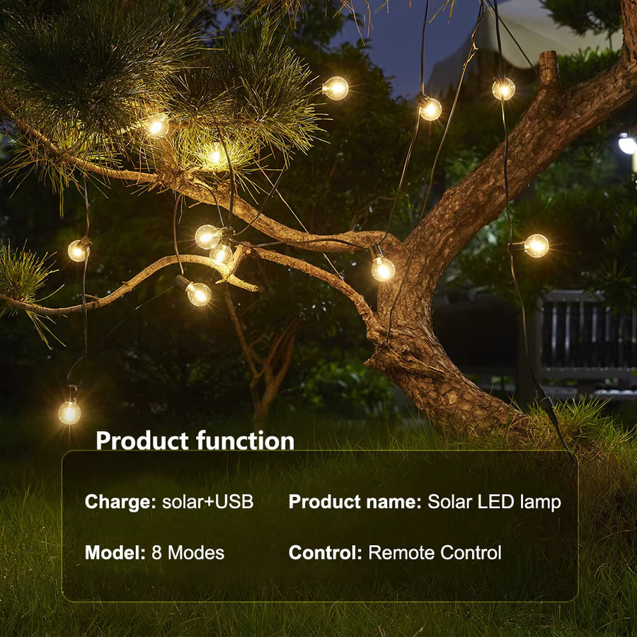 Aiopp Solar-Lichterkette für den Außenbereich mit RGB LED Globe Glühbirnen, USB- und solarbetrieben, IP44 wetterfest, Vintage Filament Design, Schwarz, Transparent - Bild 5