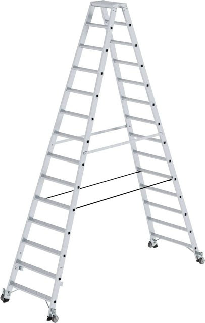 PROREGAL Stufen-Stehleiter beidseitig begehbar mit Rollen in Silber, 2 x 14 Stufen - Bild 1