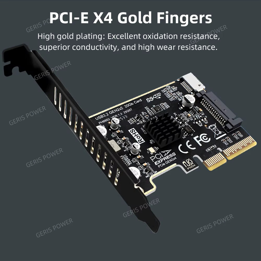 Geris Power USB 3.2 Typ-E Erweiterungskarte PCI-E x4 auf USB-C mit 20 Gbit/s ASM3242 Chip in Schwarz - Bild 3