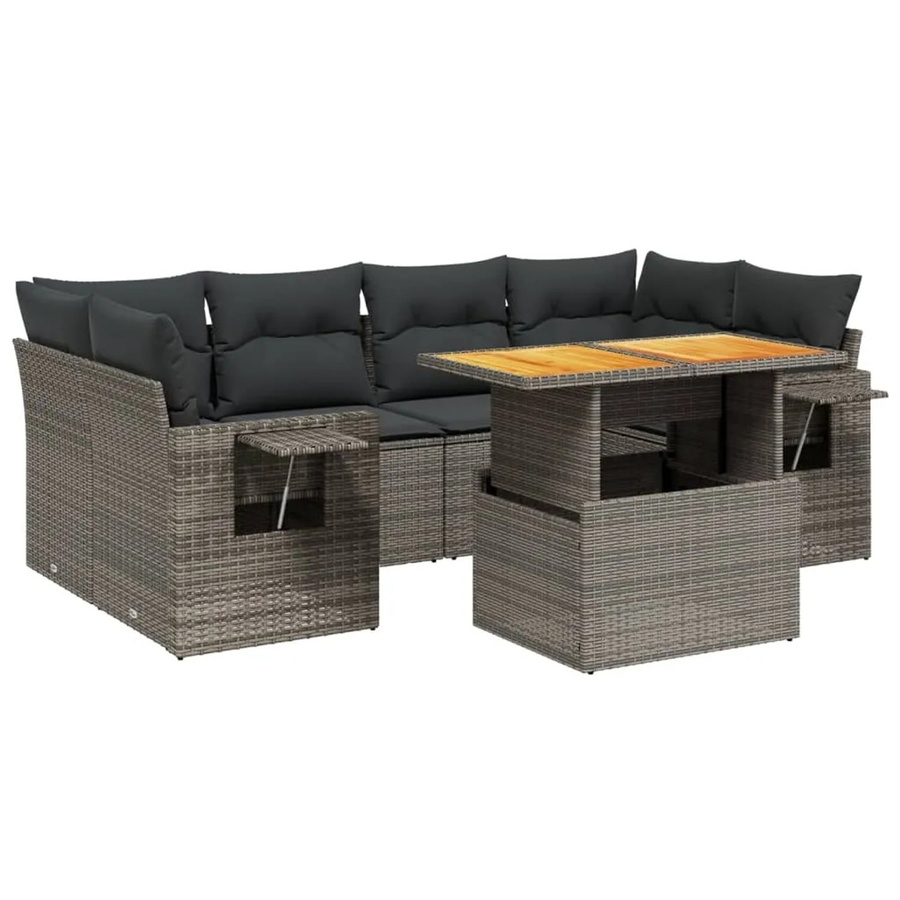 vidaXL 7-teilige Garten-Sofagarnitur aus Poly-Rattan und Akazienholz in Grau mit Kissen - Bild 2