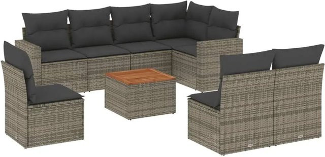 vidaXL 9-teilige Garten-Sofagarnitur in L-Form aus grauem Poly-Rattan mit Kissen und pulverbeschichtetem Stahlgestell - Bild 1