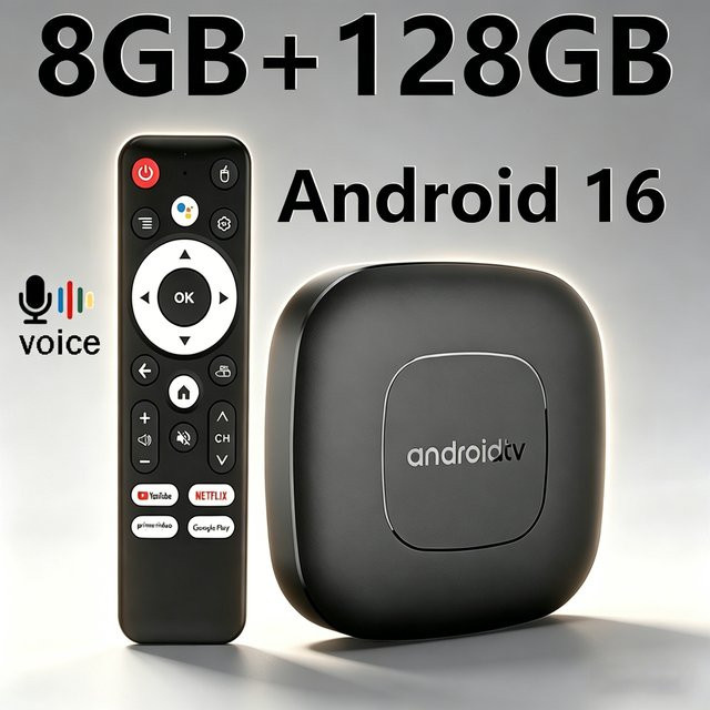 UOSU T1 Android 16 Smart TV Box Media Streamer mit 128GB Speicher, 8GB RAM, Quad Core Cortex A53, 5G, Dual WLAN, Bluetooth und Google Sprachfernbedienung in Schwarz - Bild 1