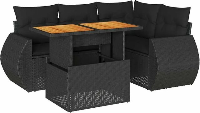 vidaXL 5-tlg. Garten-Sofagarnitur in L-Form aus Polyrattan und Akazienholz mit Kissen, Schwarz - Bild 1