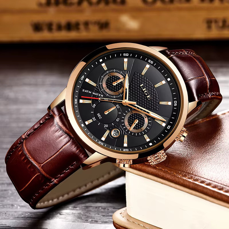 LIGE Chronograph Armbanduhr, Quarz, Leder, Schwarz, Herren - Bild 2