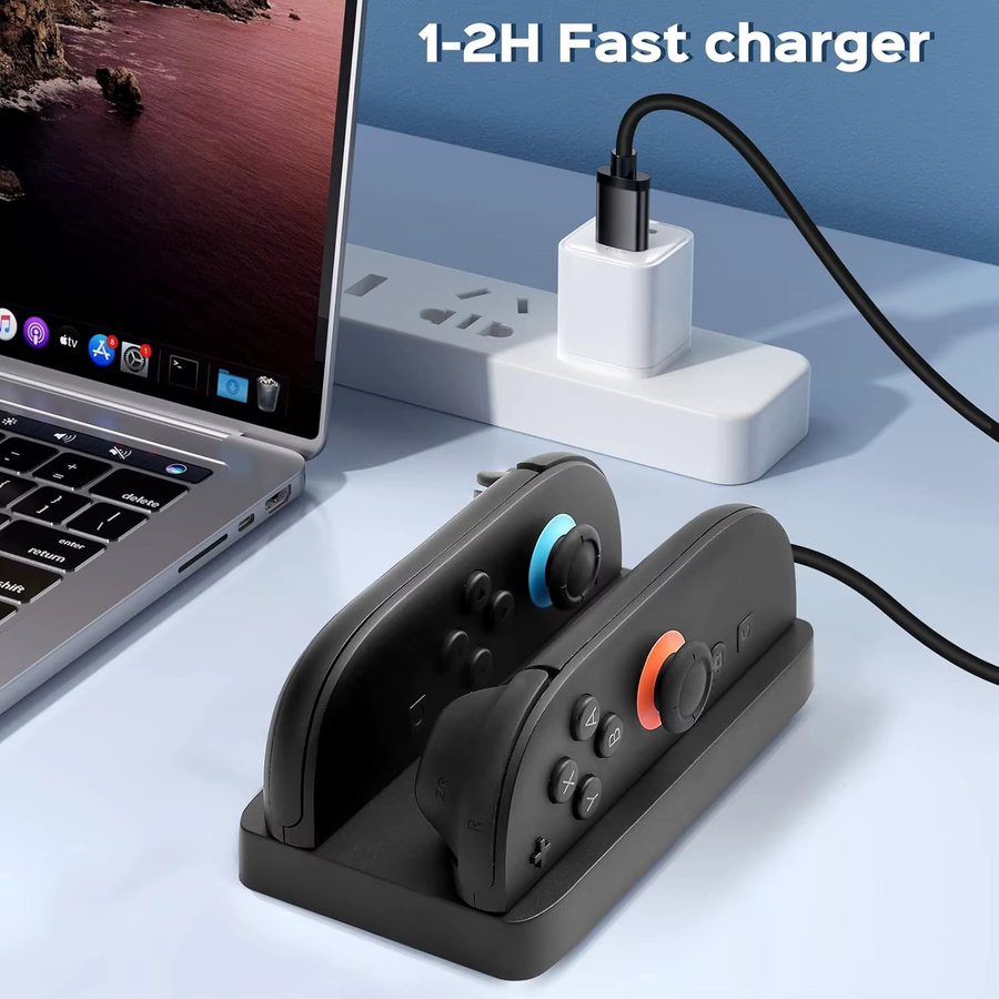 JazPlate Ladestation für Nintendo Switch 2 Joycons mit LED-Anzeige und USB Typ-C Ladekabel in Schwarz - Bild 4