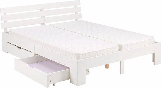 Homestyle4u Doppelbett aus Massivholz mit 2 Federkernmatratzen und 2 Bettkästen in Weiß, B/T/H: 180 x 200 x 184 cm - Bild 1