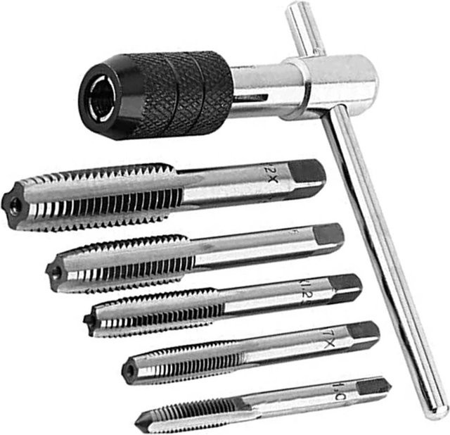 6-in-1 T-Tap Gewindebohrer-Set in Grau und Silber mit metrischen Gewindeeinsätzen M3 M4 M5 M6 M8 und Schraubendreherhalter - Bild 1