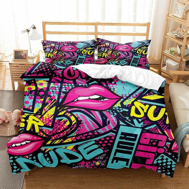 Binchi Bettwäscheset Graffiti Hip Hop Stil aus Polyester mit Bettdeckenbezug und Kissenbezügen, Mehrfarbig, B/H: 140 x 200 cm - Bild 1
