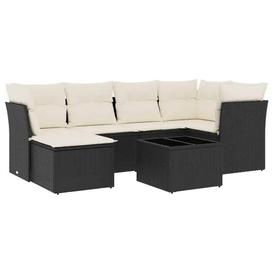 vidaXL 7-teilige Garten-Sofagarnitur in L-Form mit Kissen und Ottoman, Schwarz, Poly-Rattan mit Metallgestell - Bild 2