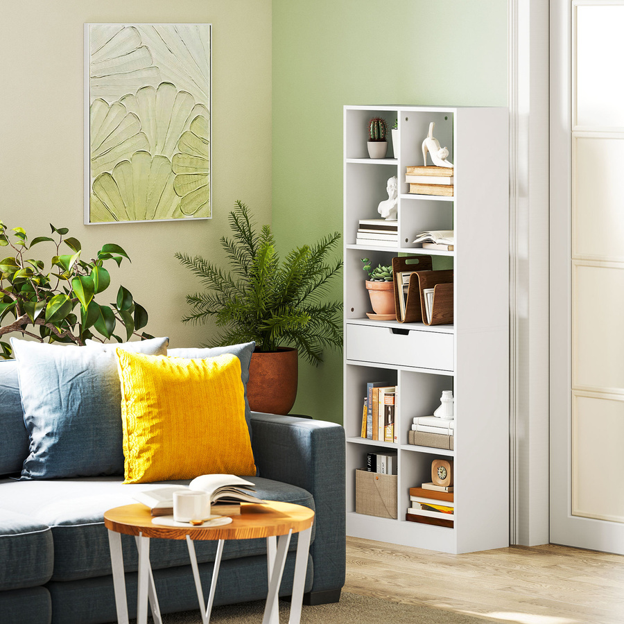 Aosom HOMCOM Bücherregal mit 9 Regalfächern und 1 Schublade, weißes Standregal mit Anti-Kippsicherung für Wohnzimmer und Büro, B: 60 cm, T: 26 cm, H: 158 cm - Bild 2