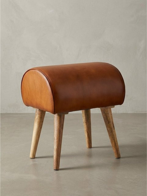 Moderner Sitzhocker von KADIMA DESIGN aus Leder und Holz in Beige/Braun, B/T/H: 45 x 53 x 40 cm - Bild 1