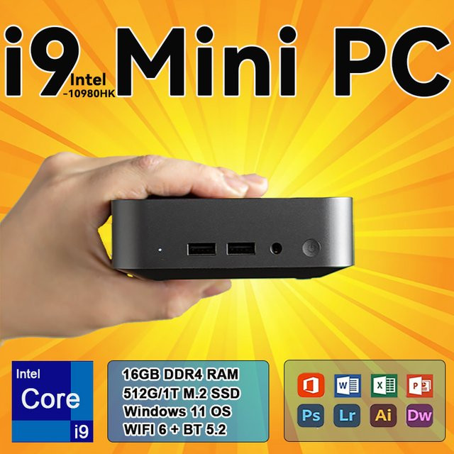 Mini-PC Intel Core I9-10980HK mit 16GB RAM, 500GB SSD, WiFi6, Bluetooth 5.2 und Windows 11 in Schwarz - Bild 1