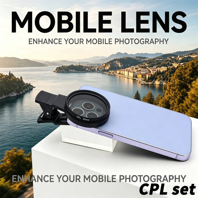 OBKEY CPL Polarisations-Filter Set für iPhone und Smartphone, 52mm kreisförmiges Glas-Objektiv zur Reflexionsvermeidung, Schwarz - Bild 1