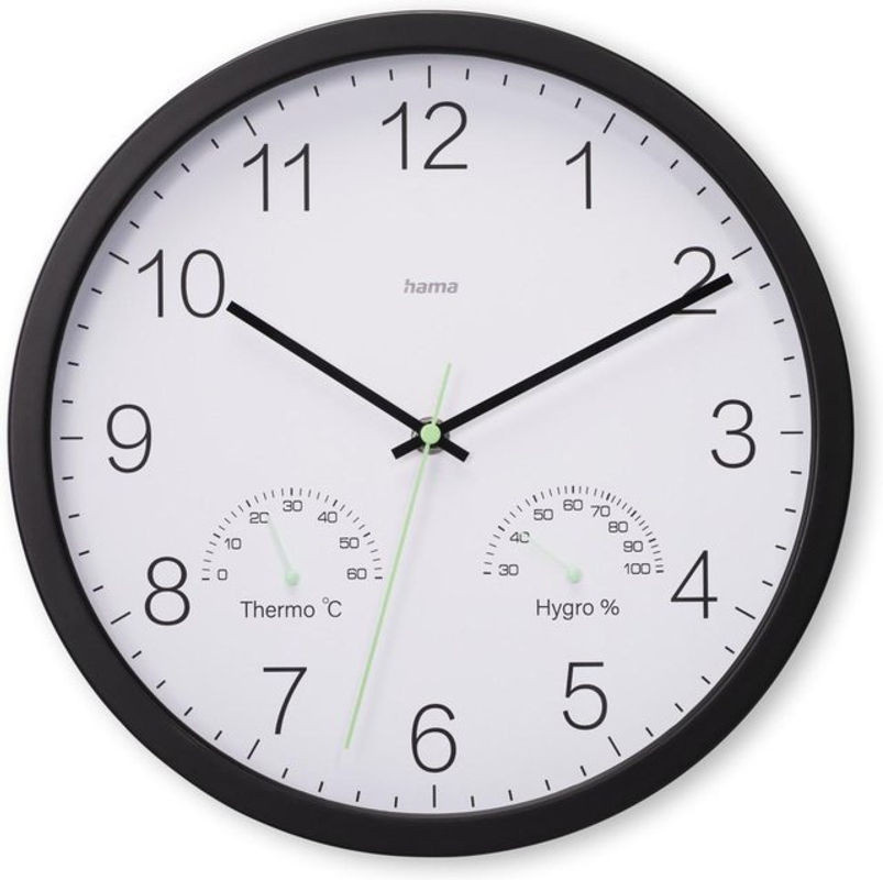 Hama Wanduhr Santorini in Schwarz mit Thermometer und Hygrometer, geräuschlos, Durchmesser: 30 cm - Bild 1