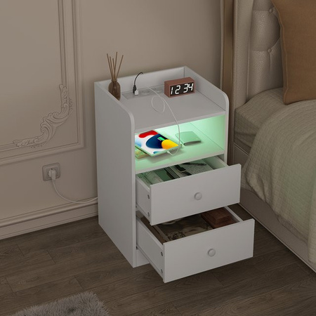 WOLTU Nachttisch mit Ladestation und LED-Licht in Weiß aus Holz und MDF