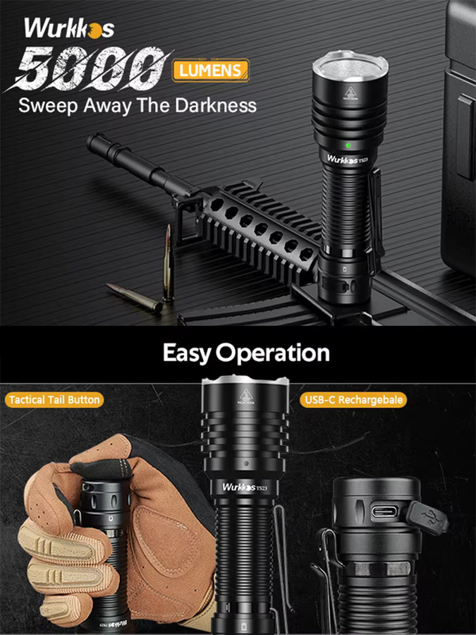 Wurkkos TS23 taktische Taschenlampe mit 5000 Lumen XHP70.3 HI LED, wiederaufladbare 21700 EDC Taschenlampe, IPX8 wasserdicht, Aluminium - Bild 6