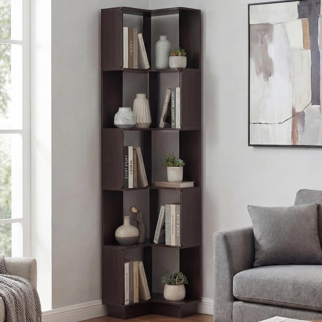 Eck-Bücherregal MCW-P53 in Walnuss-Optik, 5 Ebenen, MDF Melamin, H x B x T: 175 x 40 x 40 cm - Bild 1