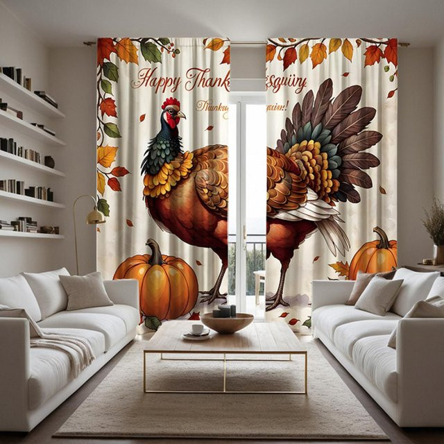 2er-Set dekorative Vorhänge mit Thanksgiving-Motiv Hahn und Kürbis, weiß und mehrfarbig, B: 132 cm, H: 160 cm - Bild 1