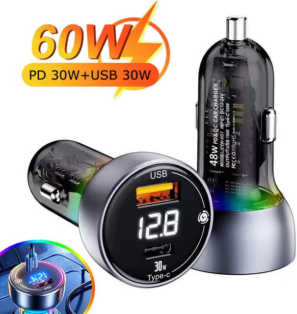 Kebidumei 55W Auto-Schnellladegerät mit 2 Anschlüssen PD 30W USB-C und 22,5W für iPhone, Samsung und Xiaomi - Bild 1