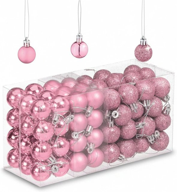 Relaxdays Weihnachtskugeln Set aus Kunststoff in Rosa mit Aufbewahrungsbox - Bild 1