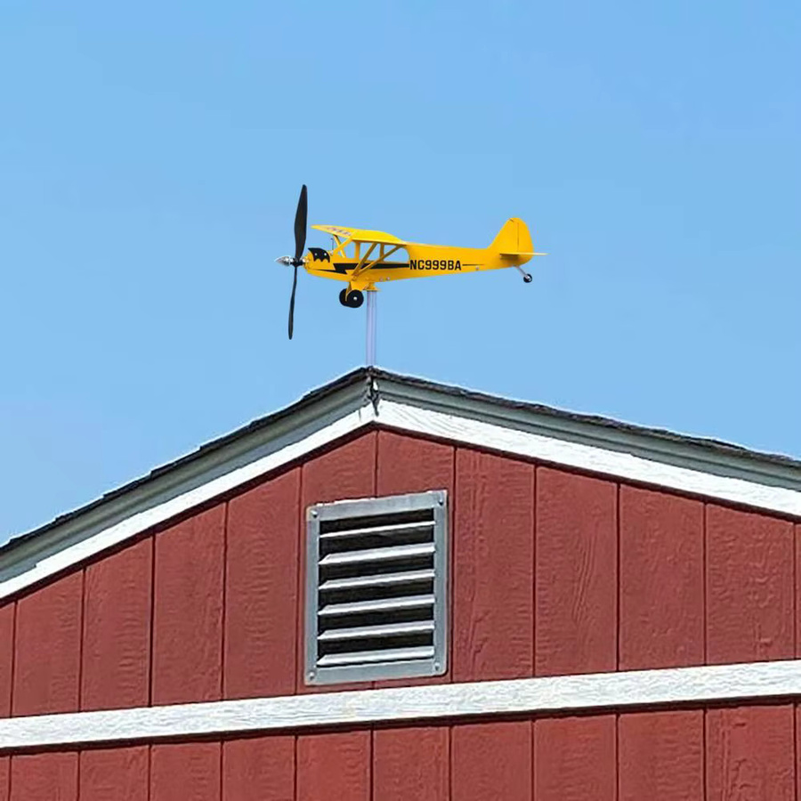 Gelbe Wetterfahne mit Flugzeug-Motiv aus Metall als Windrichtungsanzeige und Garten-Dekoration - Bild 2